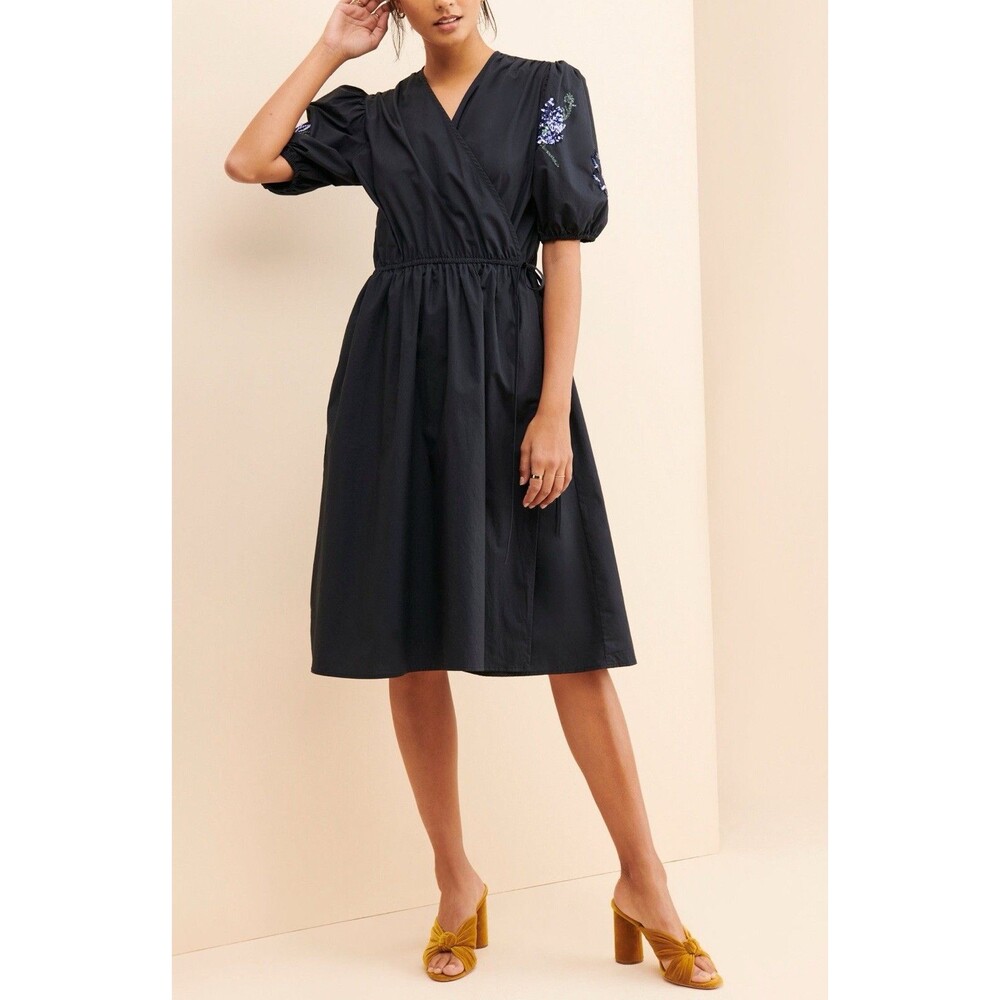 Anthropologie Soonsu Women Dress Wrap Navy Embellish Cottagecore Preppy Size 40
